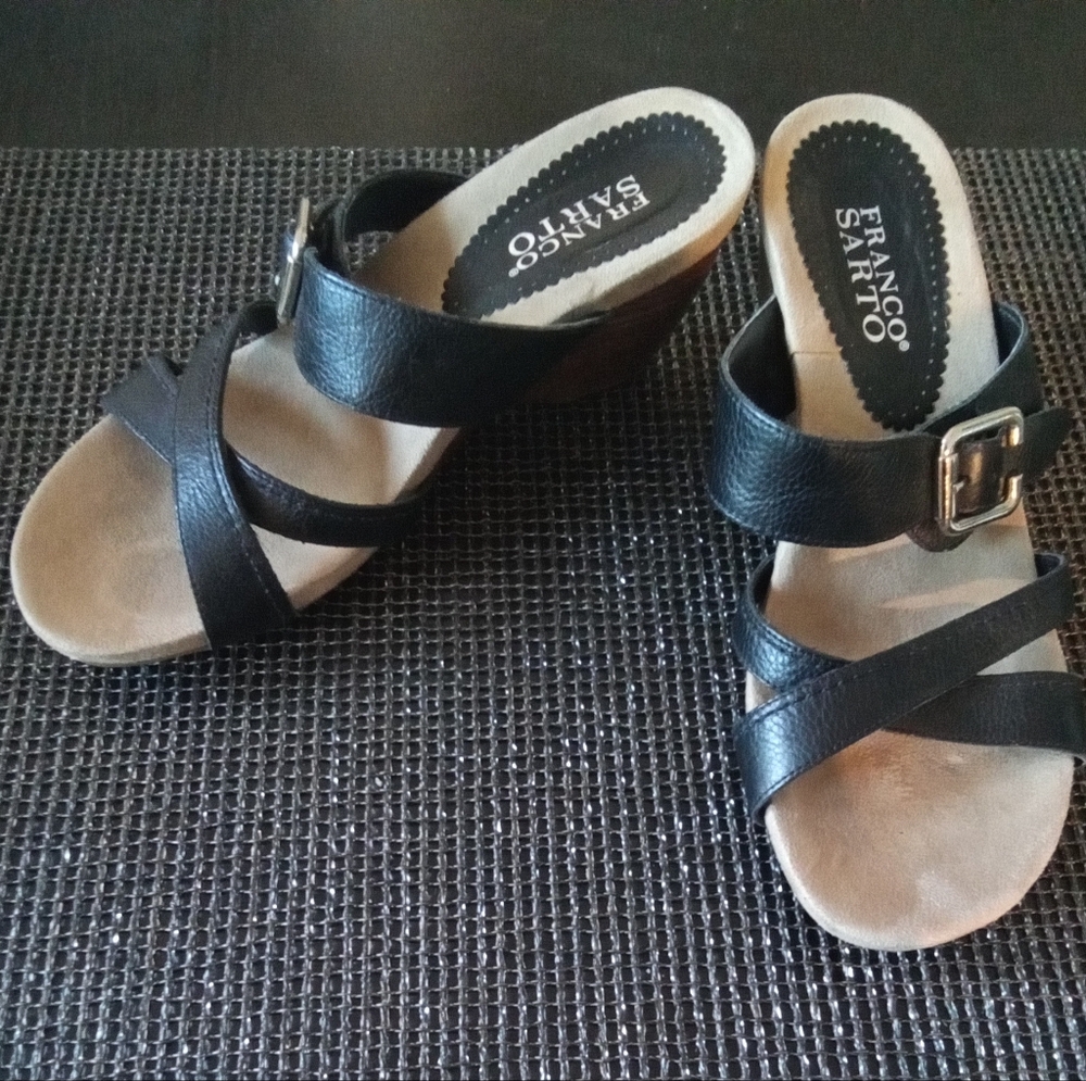 Franco Sarto Black Leather Wedge Heel Sandals